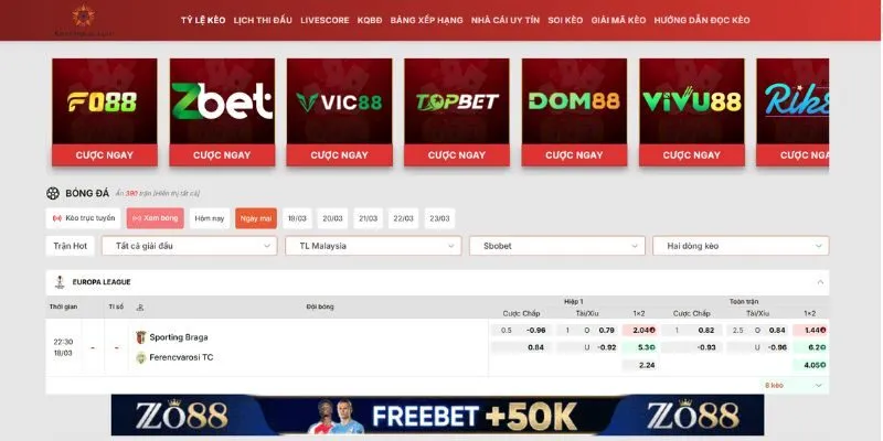 Bảng tỷ lệ kèo Cúp C2 đa dạng các tỷ lệ cược