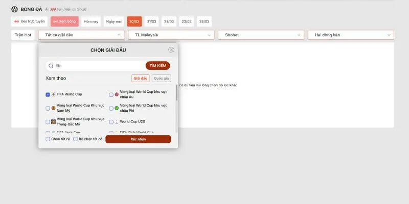 Thiết kế giao diện chọn giải đấu và xem tỷ lệ kèo khoa học, thông minh