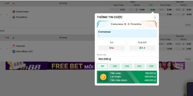 Thông tin tỷ lệ cược kèo bóng đá Ý hiển thị rõ ràng, chi tiết